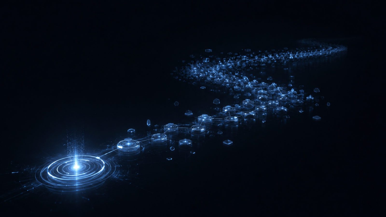 A glowing original goal marker at the start of a long agent path, fading and dimming as a dense trail of later steps accumulates and crowds it out