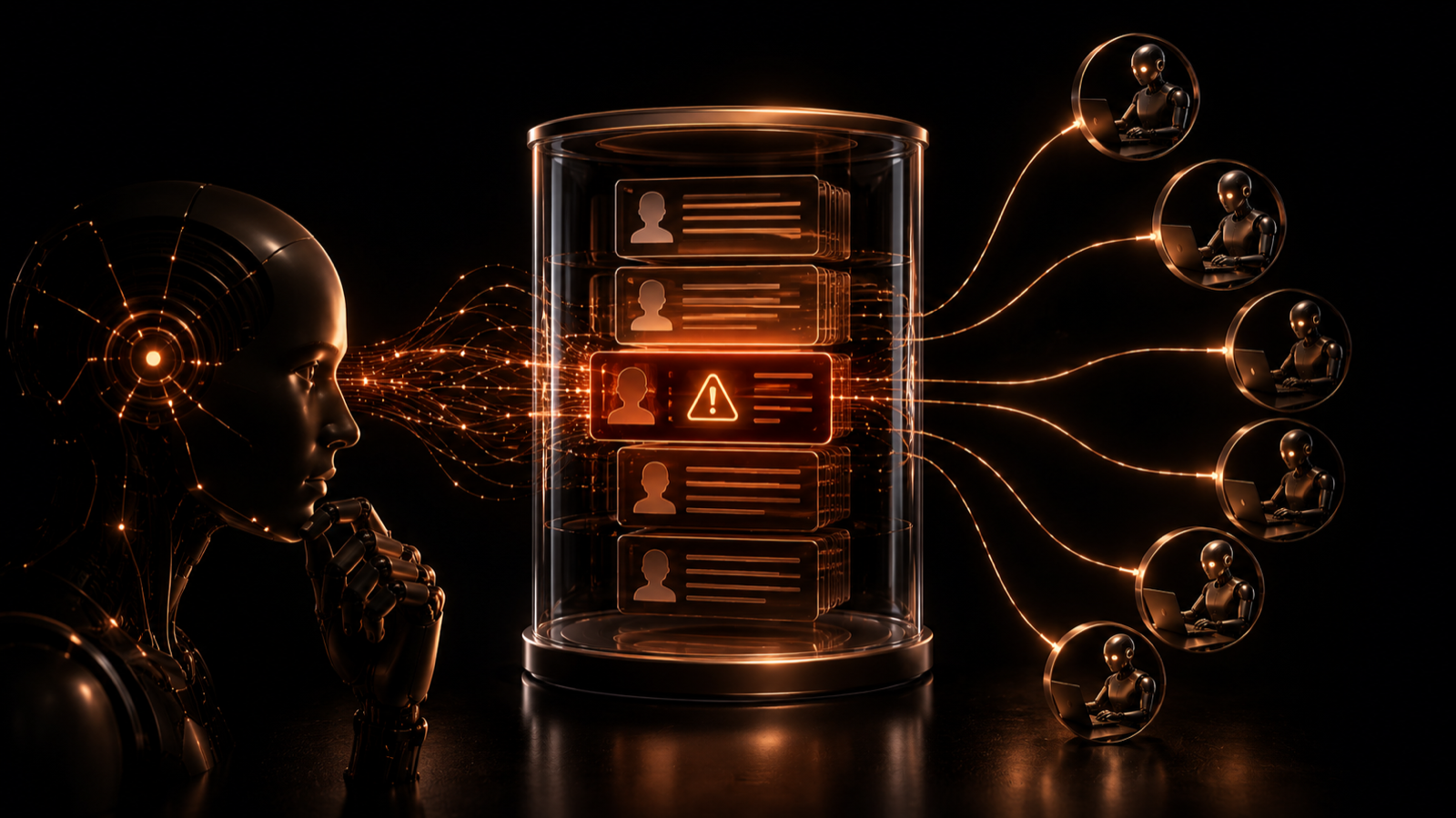 A glowing agent memory store where one corrupted record spreads a darker tint outward into surrounding records, contaminating the whole bank