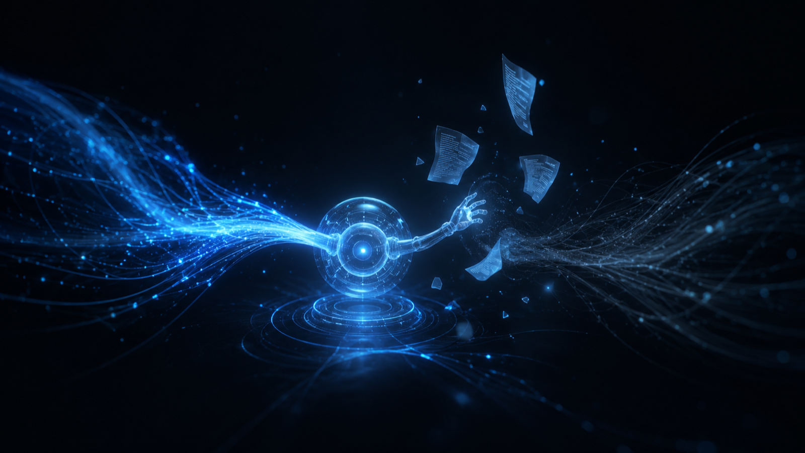An AI agent holding a glowing current data record on one side and a faded outdated record on the other, with two contradicting document streams flowing in