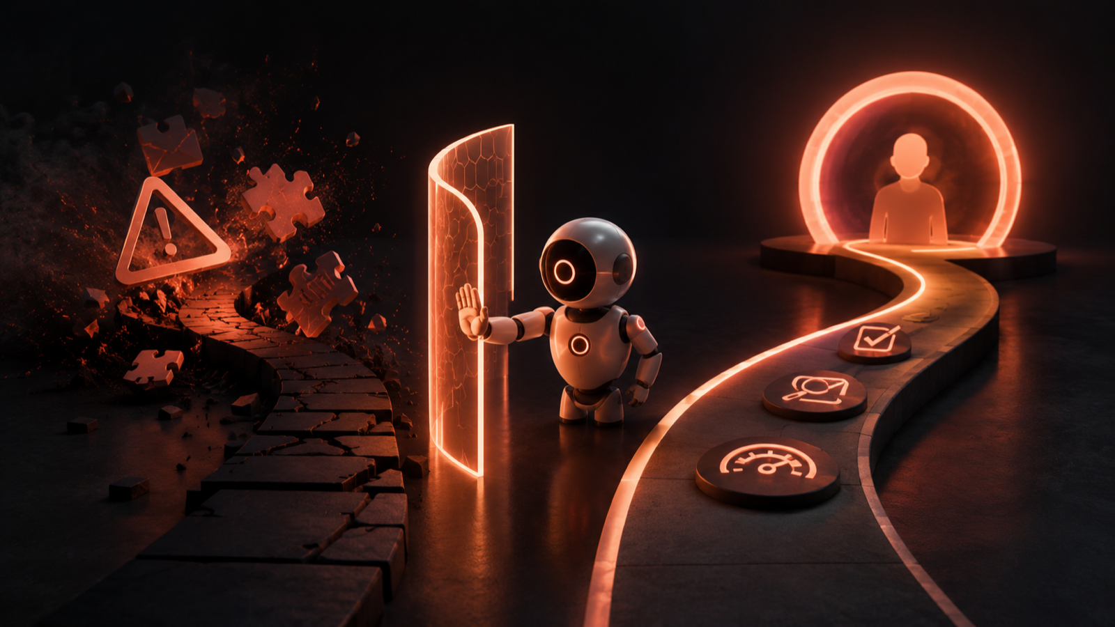 An AI agent at a fork in a path, one way clearly lit and one shrouded in fog, confidently striding into the fog instead of stopping or asking