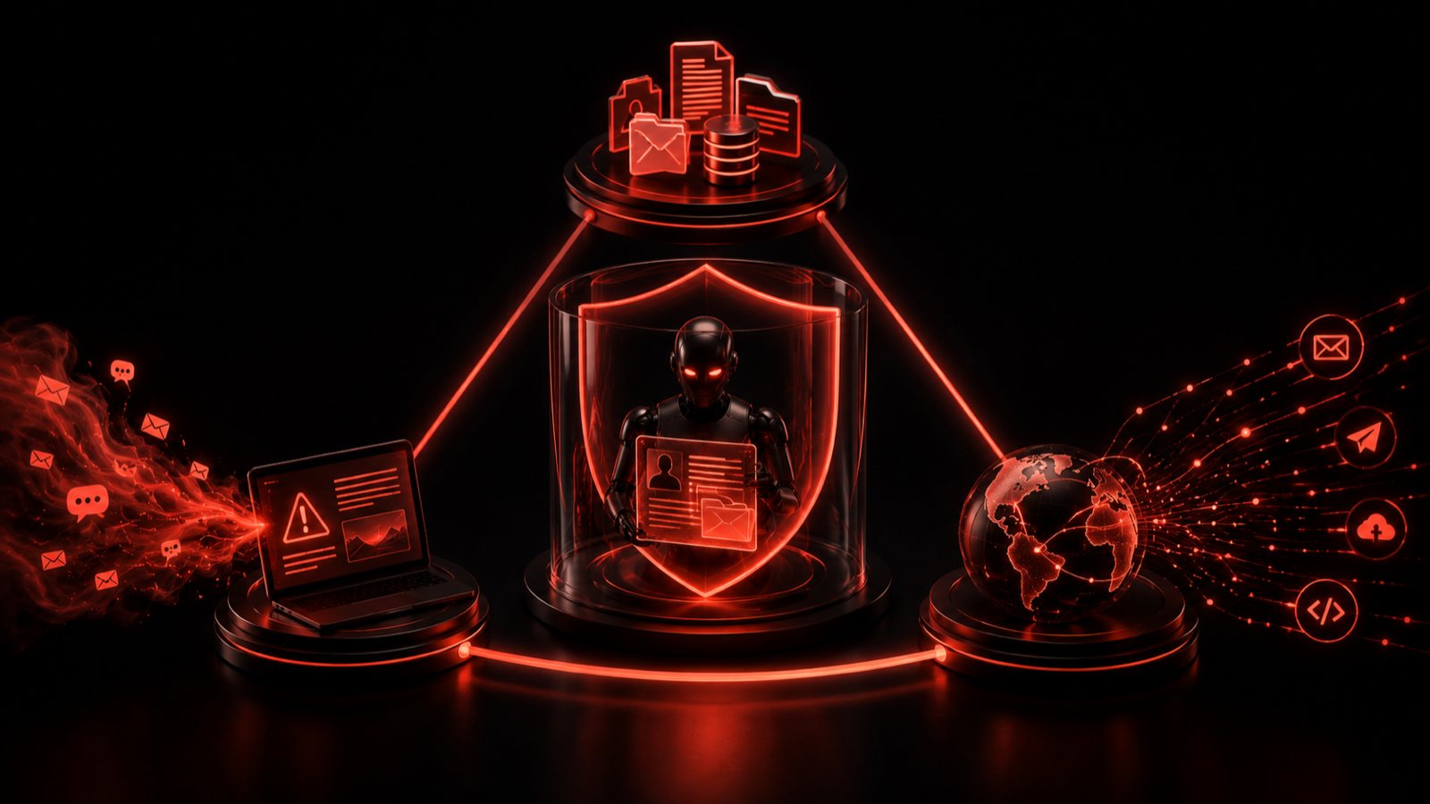 Three overlapping circles of light, private data, untrusted content, and an outbound channel, with the central overlap glowing dangerously where all three meet