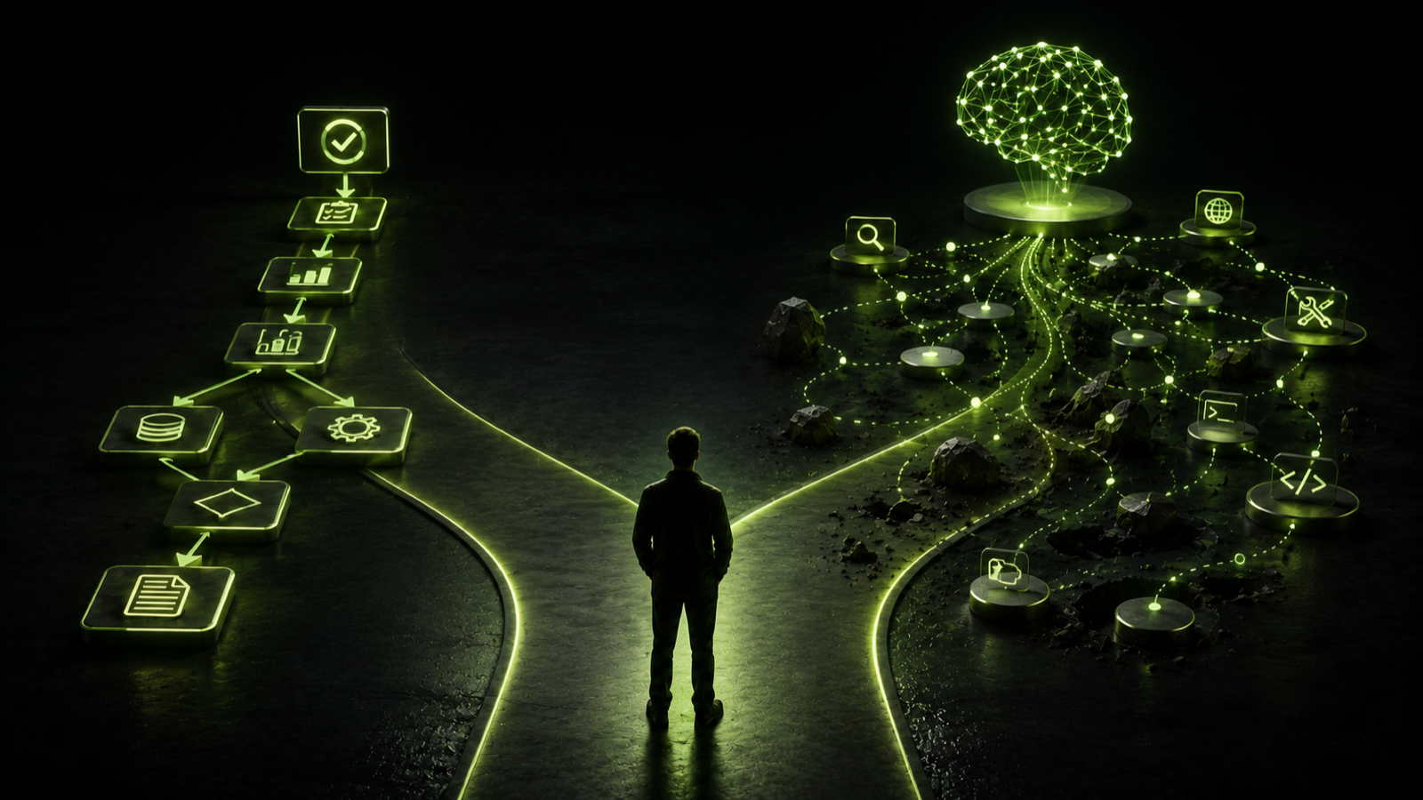 A simple clean automated pipeline on one side and an elaborate autonomous agent rig on the other, with most tasks flowing through the simple pipeline