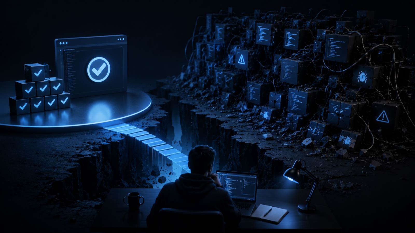 A polished demo screen glowing on one side and a sprawling tangled real codebase on the other, with an AI agent confidently bridging into the tangle